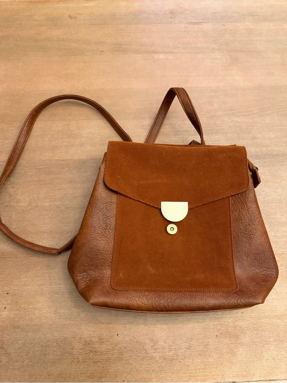 Women's Tan Suede & Leather Backpack Purse with Gold Hardware